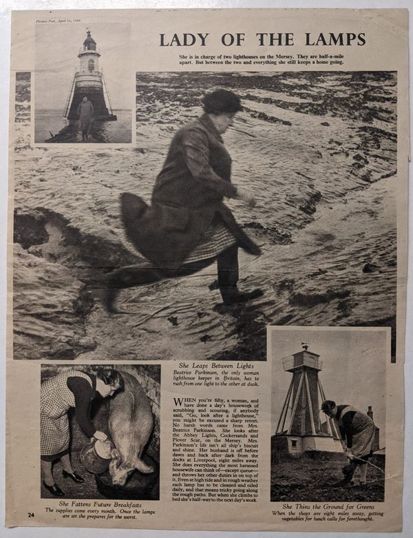 Black and white magazine page with an article about Beatrice Parkinson's work on the lighthouses and several pictures, showing her leaping across a muddy channel, standing in front of Plover Scar Lighthouse, feeding pigs, and gardening in front of Cockersands Lighthouse.